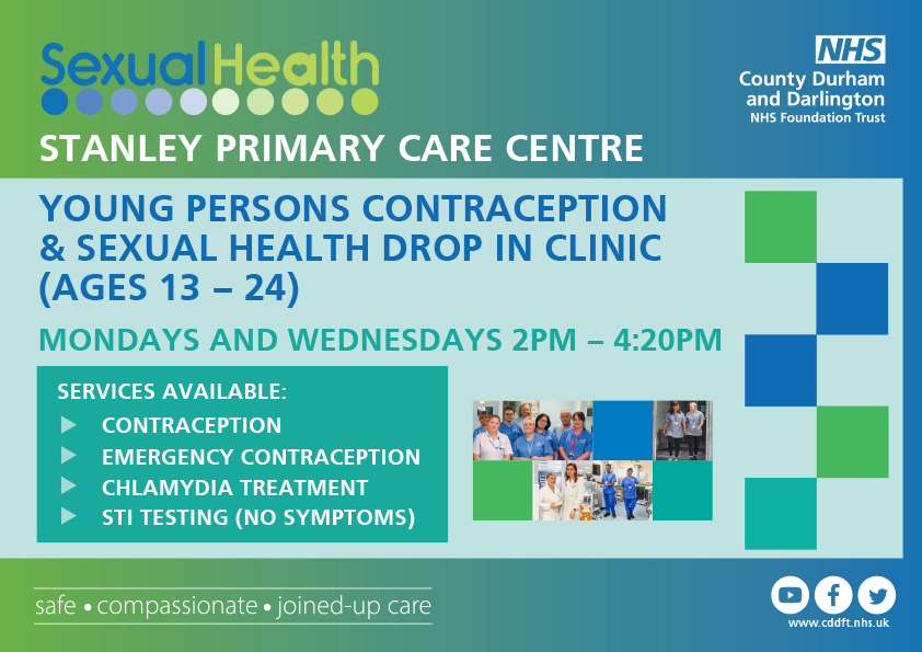 sexual health, drop in clinic ages 13 - 24. Mondays and wednesdays 2pm to 4:20pm. Services available: contraception, emergency contraception, chlamydia treatment and sti testing.